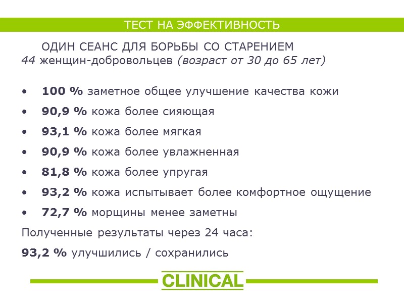 ТЕСТ НА ЭФФЕКТИВНОСТЬ  ОДИН СЕАНС ДЛЯ БОРЬБЫ СО СТАРЕНИЕМ  44 женщин-добровольцев (возраст